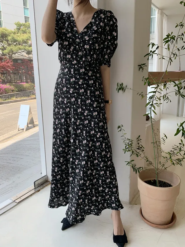 

Women Retro Floral Dress V Neck Wooden Slim Long Vestido Summer Elegant Chiffon Short Sleeve Dresses Femme wholesale