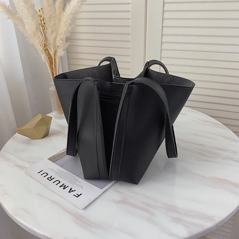 

New simple retro stitching contrast canvas large capacity tote shoulder bag handbag lady handbag