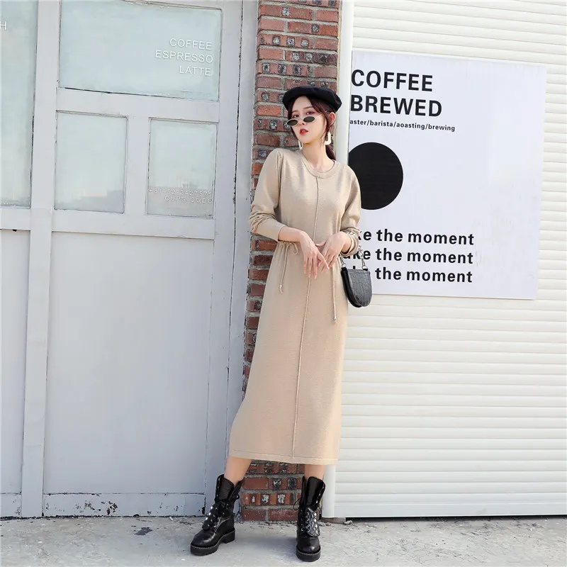 

Платье-Свитер на шнуровке, осенне-зимнее вязаное платье свободного кроя с воротником, женское платье-макси оверсайз с Кулиской