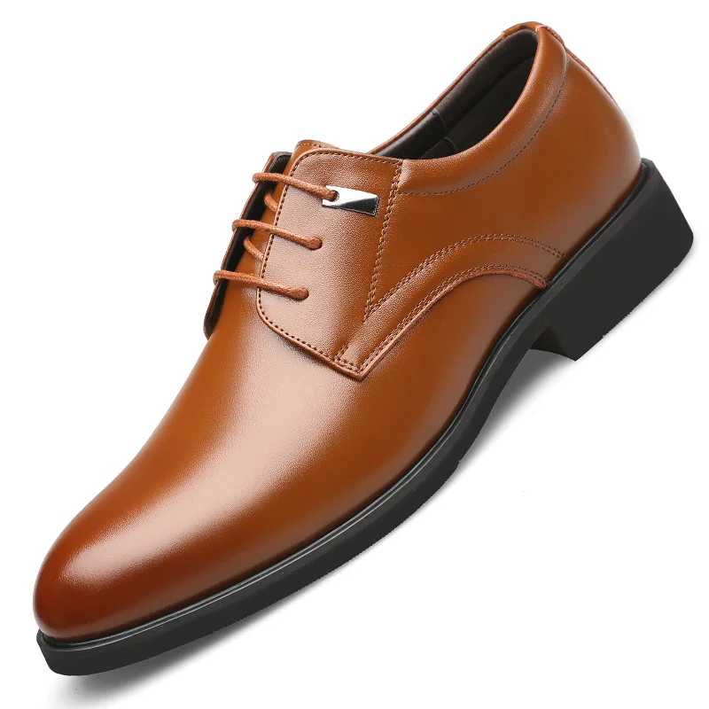 Leather brown Misalwa/мужские кожаные офисные туфли; классические мужские туфли в стиле дерби; свадебные туфли в британском стиле, увеличивающие рост; большие размеры 36-49 - Цвет: Leather brown