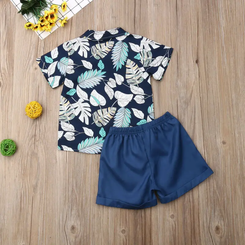 Emmababy Fashion Toddler Baby Kid Boy 2PCS Outifit Set Banana Leaf Print Short T-shirt+Short Solid Pants Gentelman Clothes |