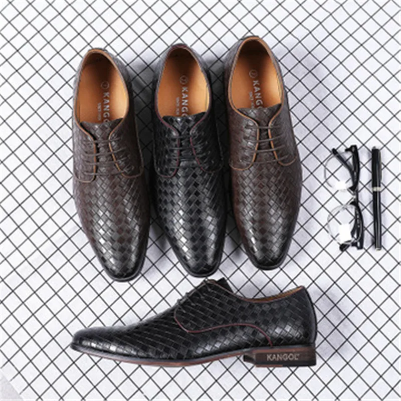 

Adult High Quality Leather Gingham Casual Shoes British Style Men's Pointed Toe Wedding Dress Shoes Elegant Lace-Up Office Shoes
