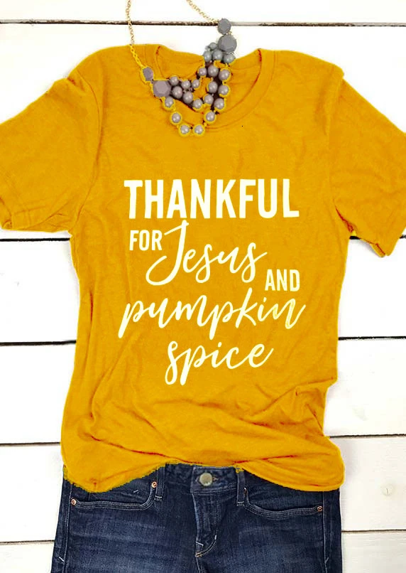 

Thankful for Jesus and pumpkin spice t-shirt Hipster Christian letter print slogan aesthetic casual cotton shirt tee tops K832
