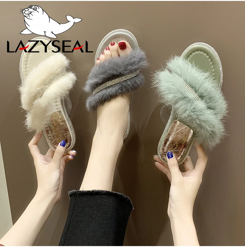 LazySeal/шикарная обувь для ювелирных изделий; женские тапочки из натурального меха; домашние теплые пушистые тапочки на плоской подошве; женские шлепанцы; вьетнамки