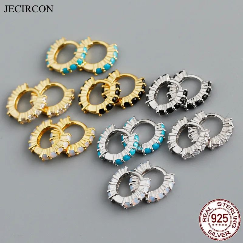 

JECIRCON 6.2mm 925 Sterling Silver Small Hoop Earrings Simple INS Opal/White/Black/Turquoise CZ Circle Earrings Fashion Jewelry