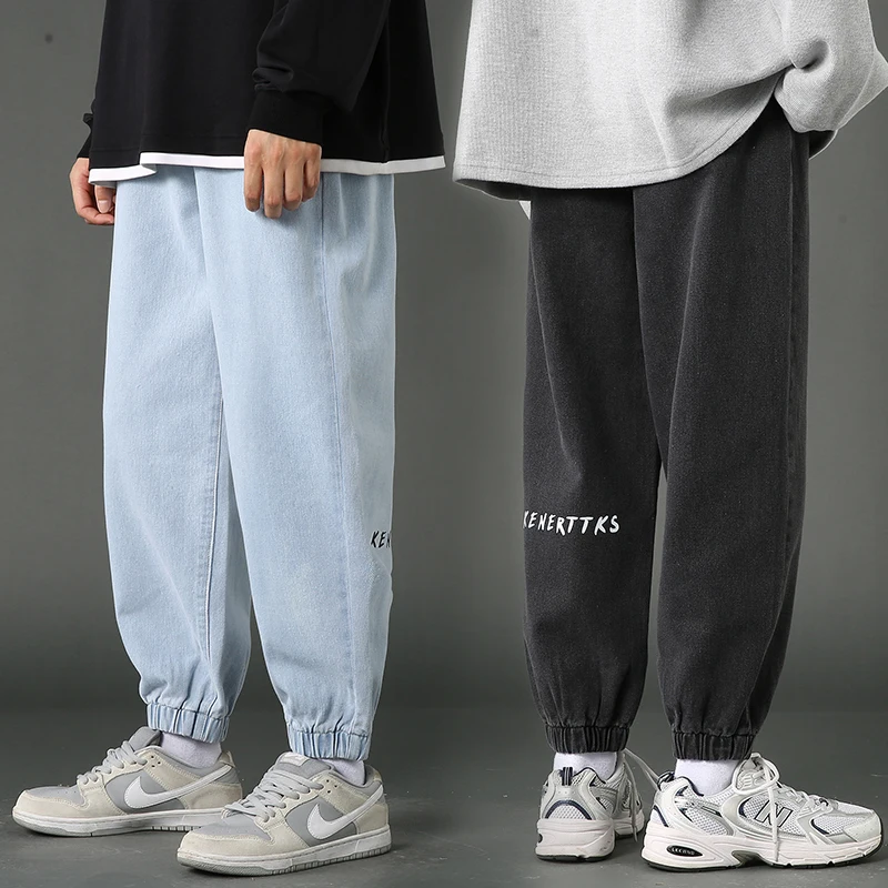 

Брюки мужские джинсовые с принтом, Модные свободные Простые штаны до щиколотки, для танцев и бега, уличная одежда, осень