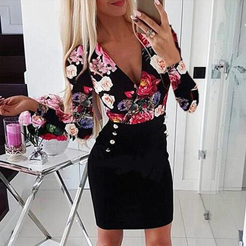 

2021 Women Deep V Neck Sexy Dresses Autumn Floral Print Button Bodycon Bandage Casual Long Sleeve Party Short Mini Dress