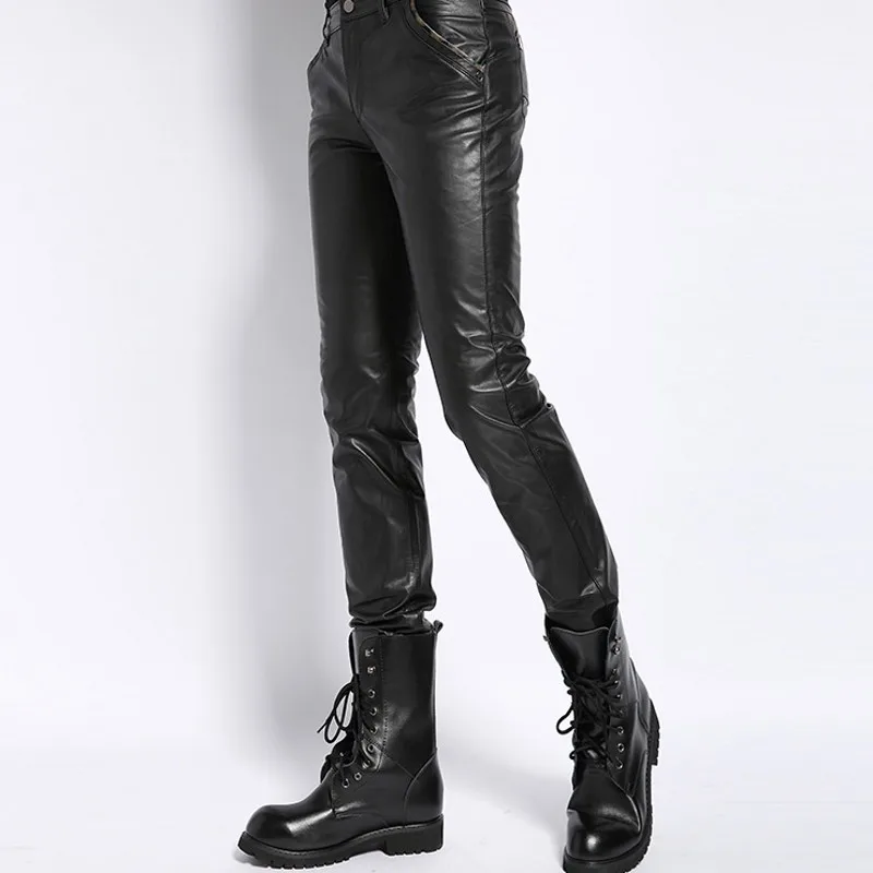 

Mens Cowhide Luxury Natural Leather Pants Slim Fit Motorcycle Long Trousers Autumn Winter Skinny Windproof Real Leather Pants