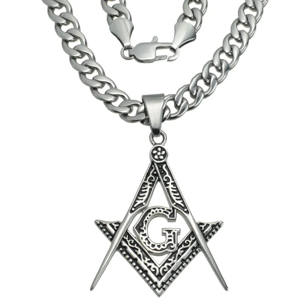 

Silver tone Mens Stainless steel Freemasonry Masonic Mason Pendant chain necklace N282-361