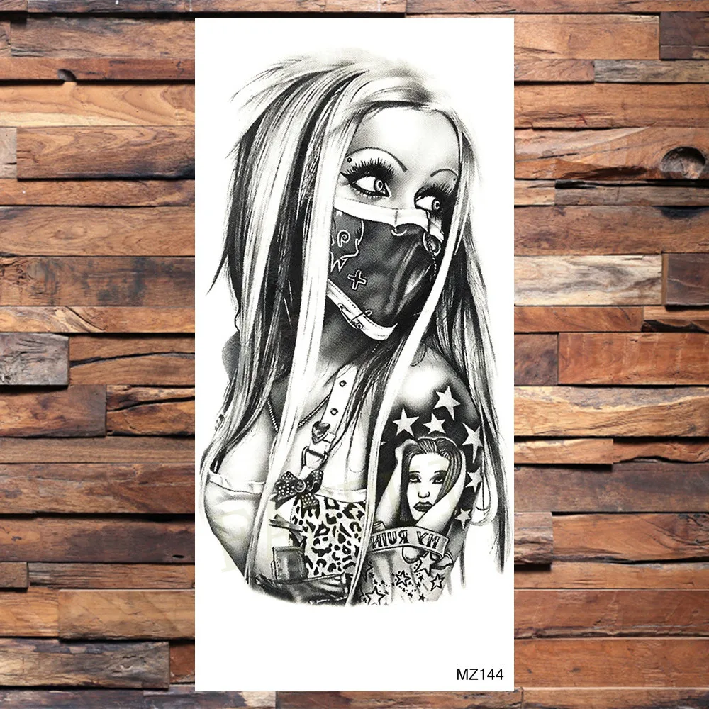 Поддельные временные татуировки для взрослых женщин - реалистичные татуировки гангстера, маскированных девушек, на ногах и руках красоты, татуировки черной смерти, черепа AK47.