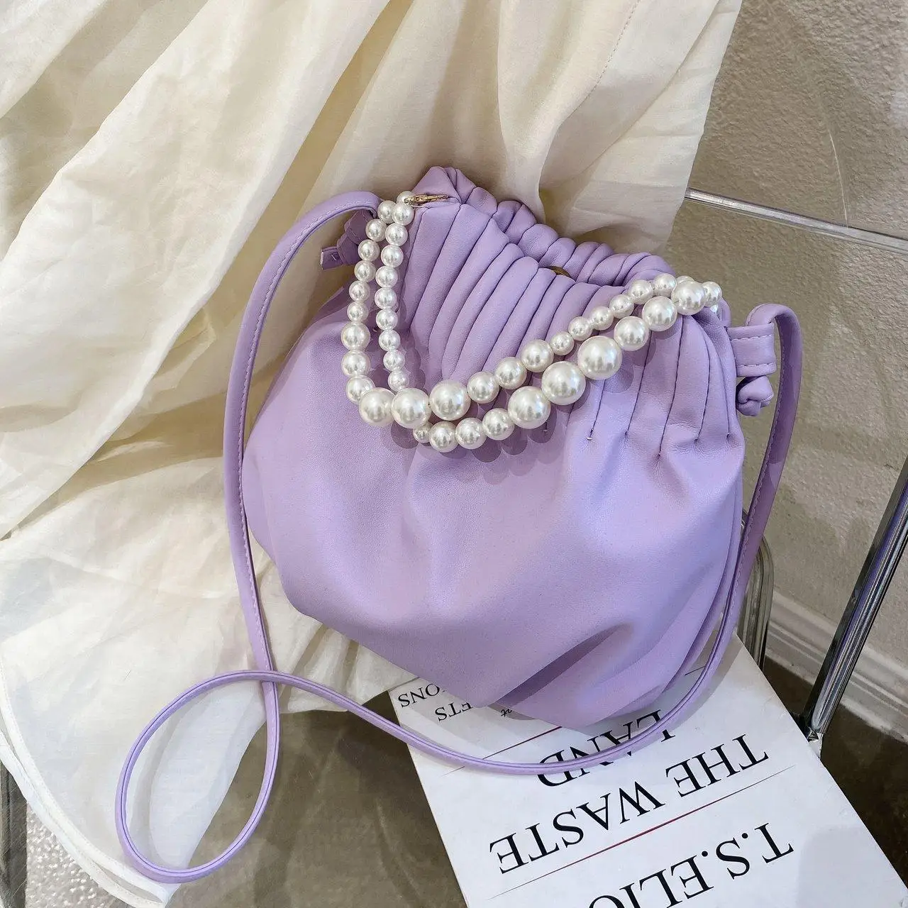 

Pearl Handle Mini PU Leather Bucket Bags For Women 2020 Solid Color Shoulder Crossbody Handbags Female Cross Body Bag