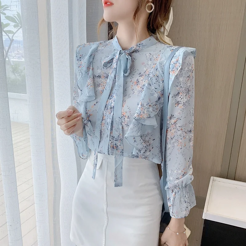 Women's Blouse Chiffon Long Sleeve Top Fashion Ruffled Floral Blouses Blusas Mujer De Moda 2021 Verano
