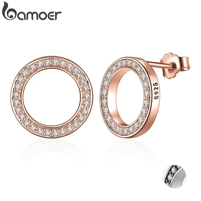 BAMOER, натуральная 925 пробы, серебро, Forever Rose& Clear CZ, Круглый Круг, серьги-гвоздики для женщин, модное ювелирное изделие, PAS484