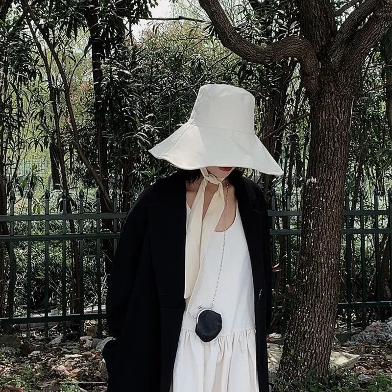 2021 New Summer Autumn Large Brim Fisherman Hat Women Cotton Linen Round Dome Bandage Bow Big Foldable Sun Hats Fishermen | Аксессуары