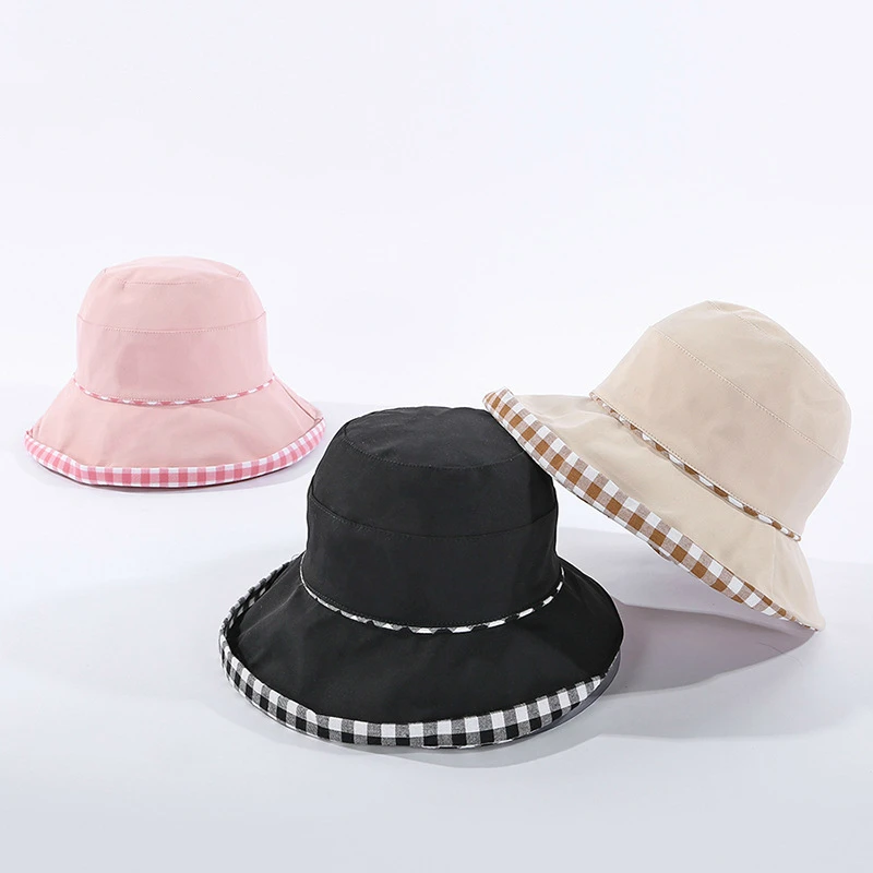 Summer female literary retro plaid double-sided fisherman hat Pure cotton comfortable women bucket hat