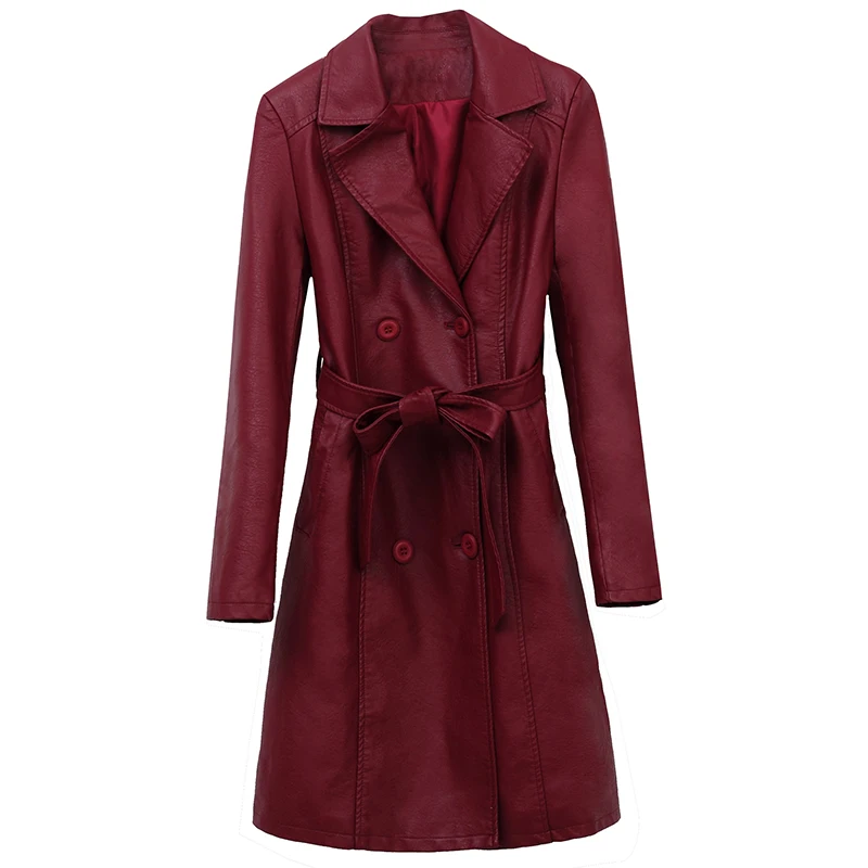 

autumn winter Slim Faux Leather Trench womens long Double-breasted Trench jacket female casual leather jacket women windbreaker