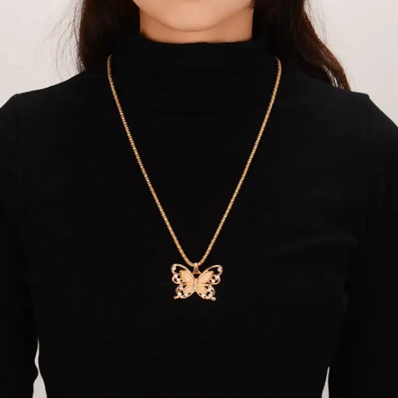 Женская Длинная цепочка ожерелье Изысканный Опал Камень ажурная бабочка кулон