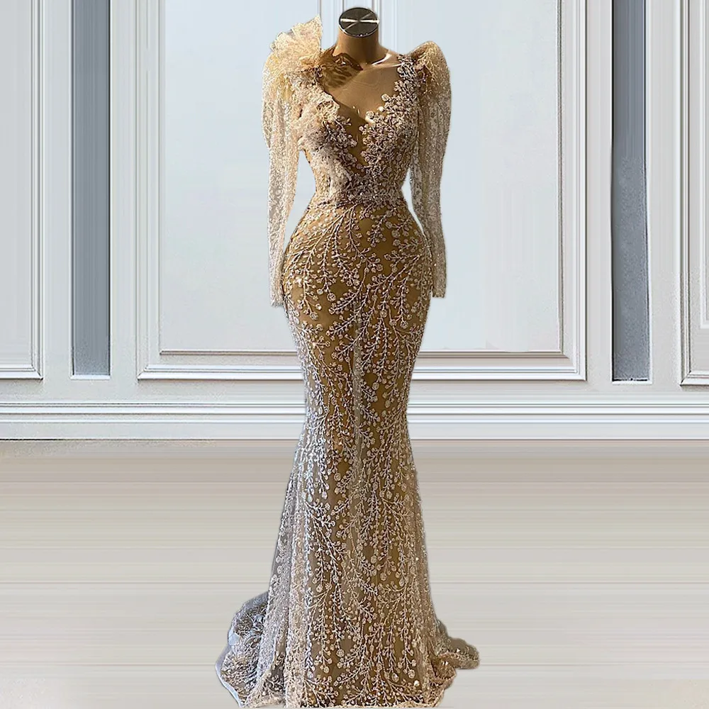 

2023 New Arrival Mermaid Illusion Long Sleeve Evening Dress V Neck Ruffles Floor Length Prom Gown Robe Soiree