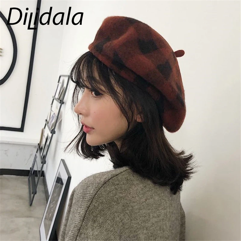Dilidala, Зимний берет для женщин, утолщенный стереоскопический шерстяной берет в клетку, благородная шляпа художника, ретро дикая шапка, зимние шапки, берет
