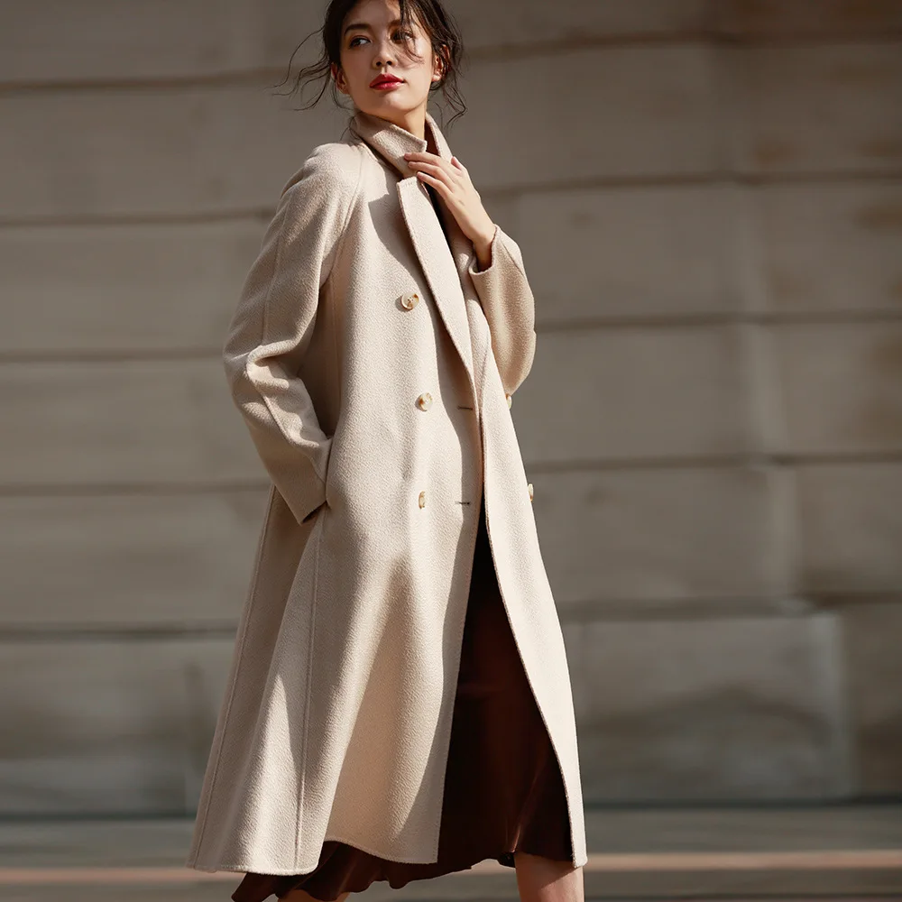 

Women double sided wool cashmere overcoats winter woolen jackets high end long handmade beige cape outwear plus size