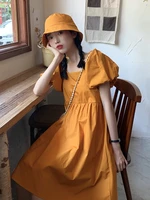 bubble sleeve dress womens spring new 2021 french high waist with thin temperament