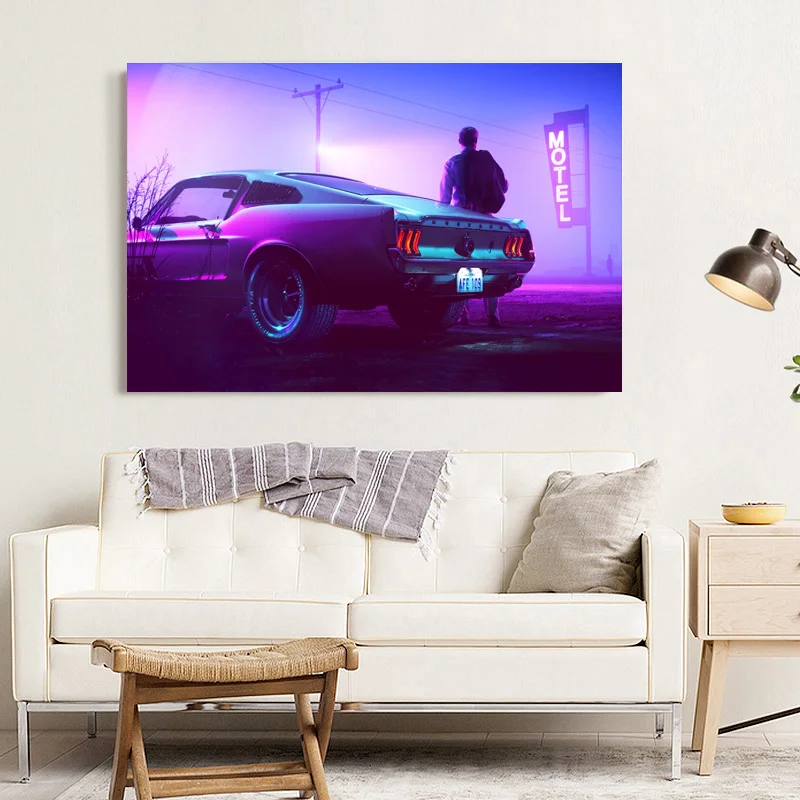 Retrowave Ford Mustang мускул автомобиль винтажный автомобиль фиолетовый стены искусства плакаты принты без рамок живопись для декора гостиной