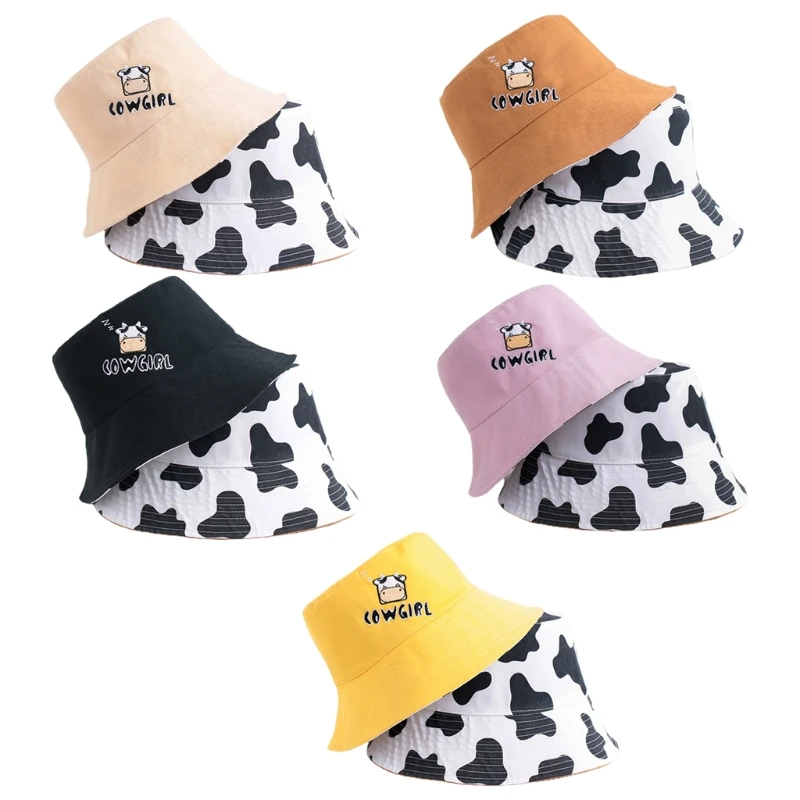 

Unisex Cute Cartoon Cow Letters Embroidery Bucket Hat Reversible Double Sided Harajuku Sunscreen Panama Fisherman Cap
