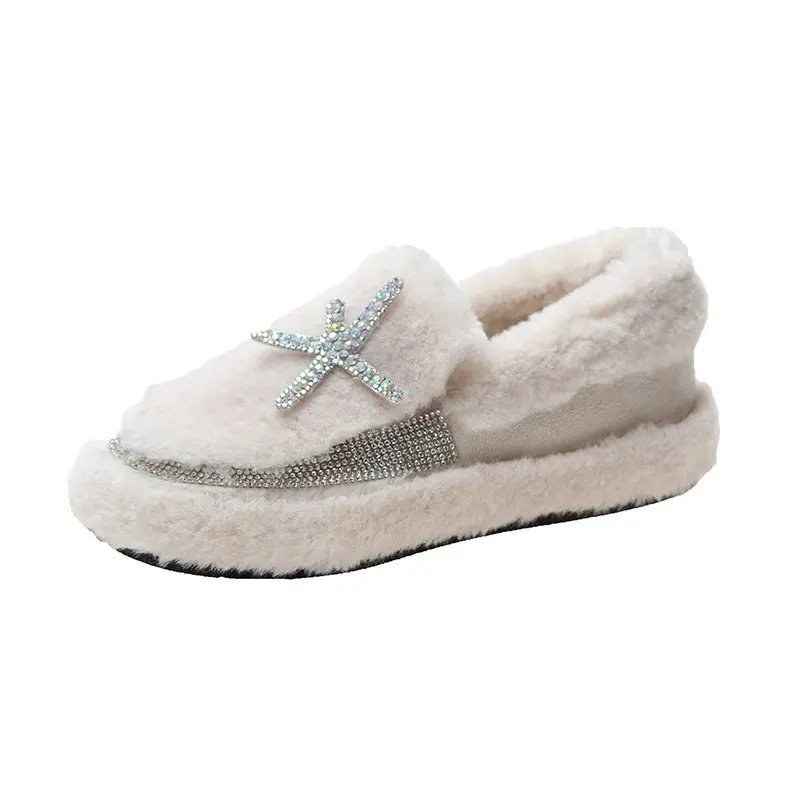 Winter Fashion The New Fur Shoes Women Casual Solid Slip-On Round Toe Starfish Short Plush Shallow Keep Warm High Quality Flock