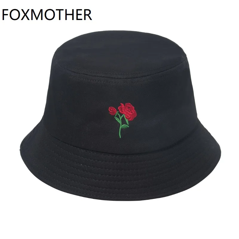 

FOXMOTHER New Women 2021 Spring Summer Black Rose Floral Bucket Hats For Men Fisherman Caps Hip Hop