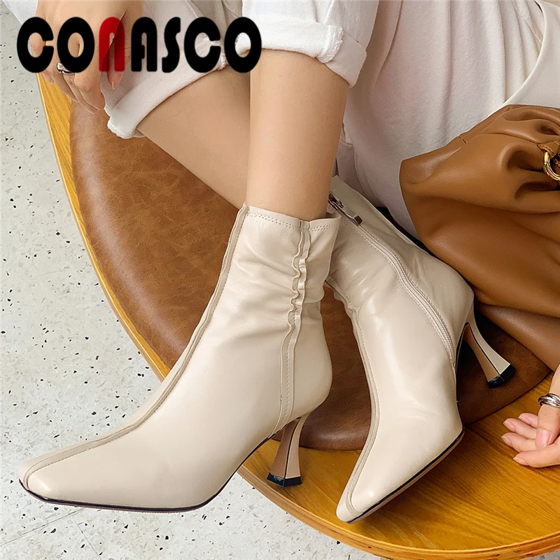 

Ботильоны CONASCO женские с квадратным носком, элегантная обувь из натуральной кожи, на тонком каблуке, со складками, на молнии, офисная обувь