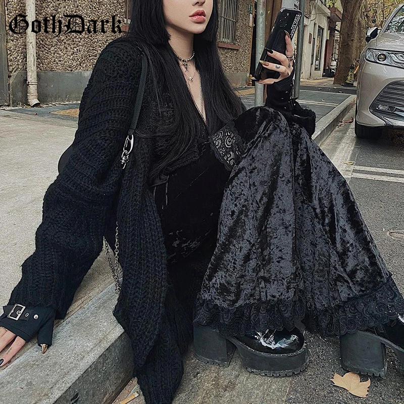 Goth Dark Velvet Gothic Lace Patchwork Flare Pants Romantic Goth Vintage Grunge Skinny Women Trousers High Waist Streetwear Emo