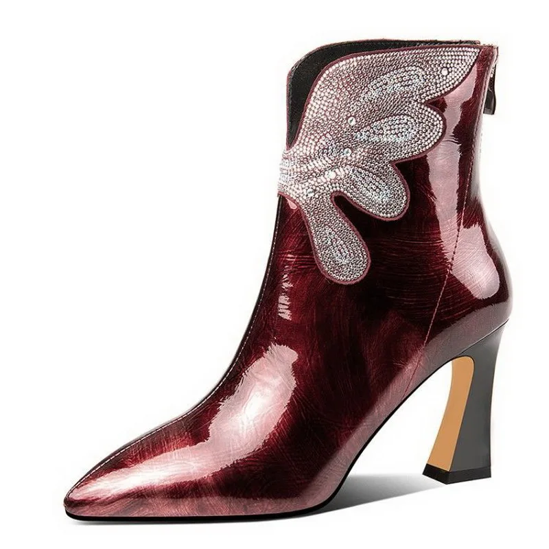 

Rhinestone Short Boots Woman,2020 Ankle Boot,Women's Genuine Leather Shoes,Pointed Toe,Thick Heel,Female Footware,Black,Wine red