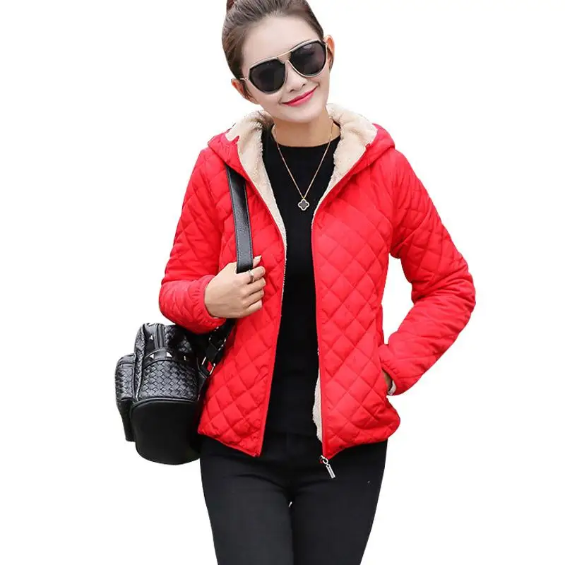 

Women Winter Jacket Hooded Fleece Solid Coat New Fashion Autumn Spring Thin Outerwear Female Short Zipper Student Coat