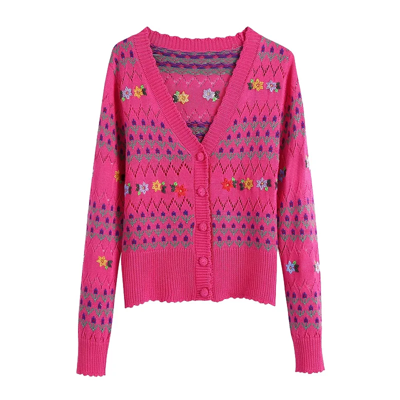 

Women 2021 Fashion Floral Embroidery Knitted Cardigan Sweater Vintage V Neck Long Sleeve Female Outerwear Chic Tops