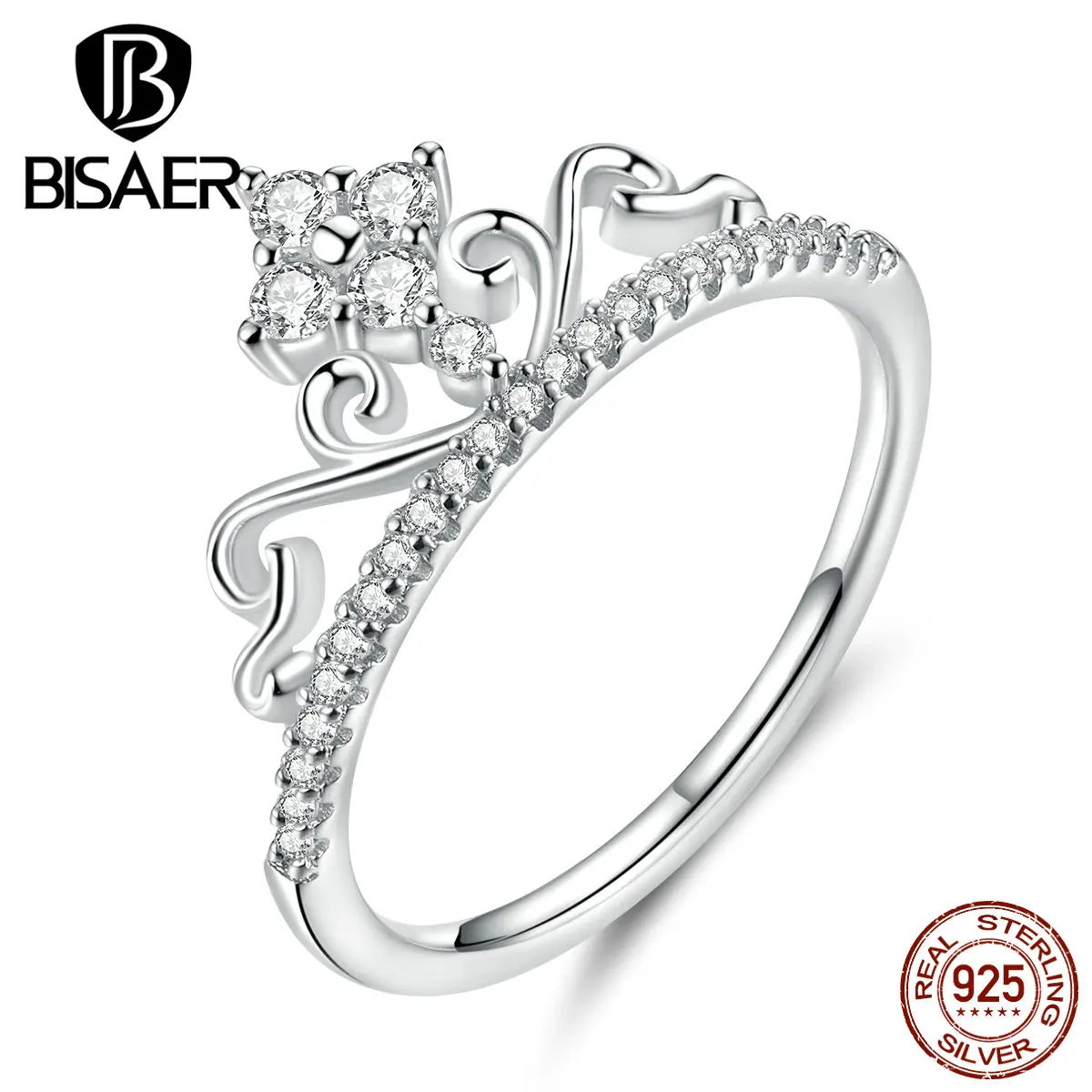 Кольца принцессы BISAER, 925 пробы, серебро, кубический циркон, принцесса, королева, корона, кольца на палец для женщин, свадебные ювелирные изделия ECR597