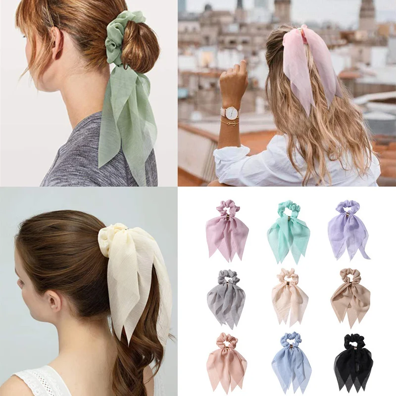 

Lace Colorful Bow Satin Long Ribbon Hair Scrunchies Ponytail Holder Hairband Scrunchy 2021 New Hair Ties Hair Accessories Gift