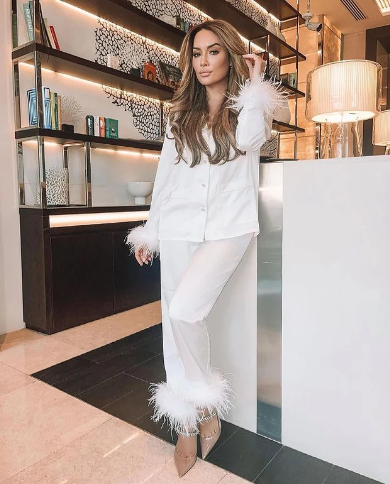 

Feather Pajama Suit Women's Sexy Solid Turn-down Collar Button Tops Drawstring Full-length Pants 2pcs Sets