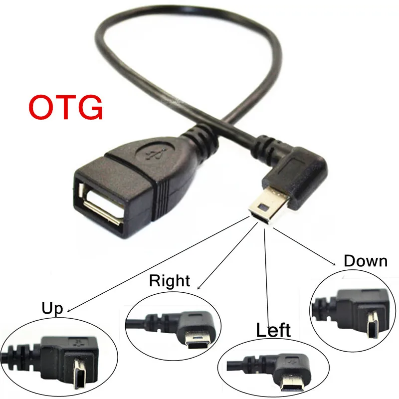 

90 Degree Right & Left & Up Mini USB 5P Male to OTG USB Female Car Adapter Data Cable for Video Camera Audio Tablet CD GPS XR649