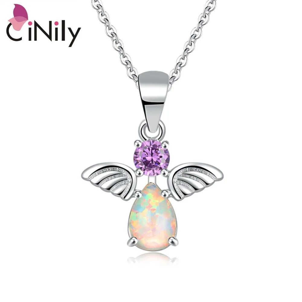 Подвеска CiNily с белым огненным опалом Миниатюрный кулон посеребренным ангелом