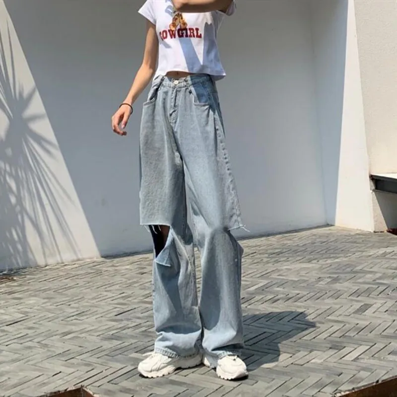 

Woman Jeans Ripped Clothes High Waisted 2021 Summer Streetwear Baggy Wide Leg Vintage Fashion Stretch Harajuku Straight Pants