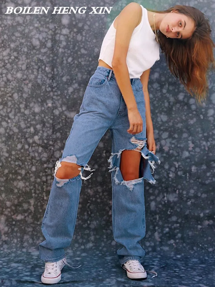 

2021Ripped Straight Women's Jeans Baggy Casual High Waist Boyfriends Mom y2k Denim Fashion Vintage Streetwear Female Bo lun