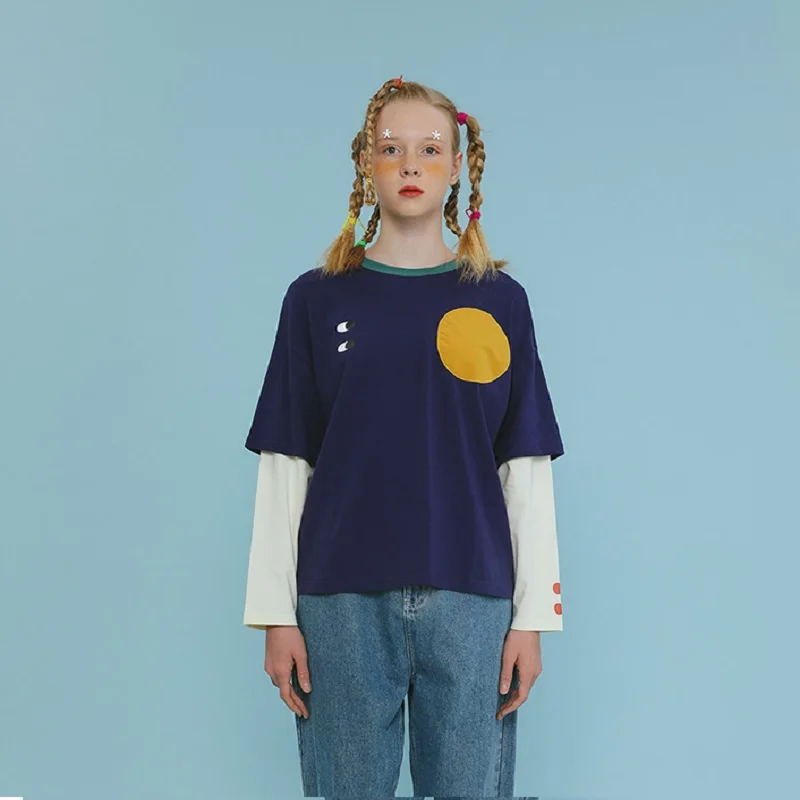 Повседневная Женская хлопковая футболка с длинным рукавом мультяшная цветная