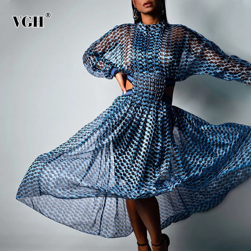 

VGH Ruched Printed Dress For Women Stand Collar Long Sleeve High Waist Hollow Out Hit Color Midi Dresses Female New Clothes Tide