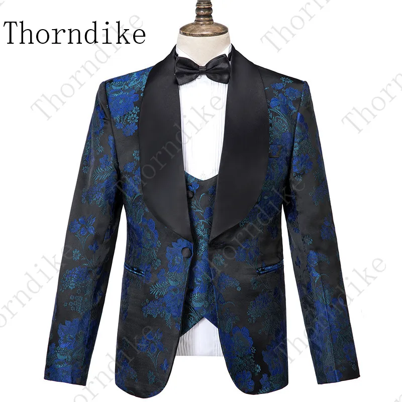 Thorndike Новое поступление мужские костюмы темно-синий, с цветами напечатаны 3 шт. смокинг винтажные свадебные костюмы для шафера Terno Masculino