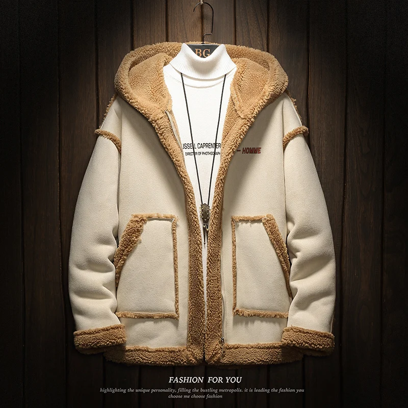 

Мужская теплая куртка-бомбер из овечьей шкуры, с длинным рукавом и капюшоном