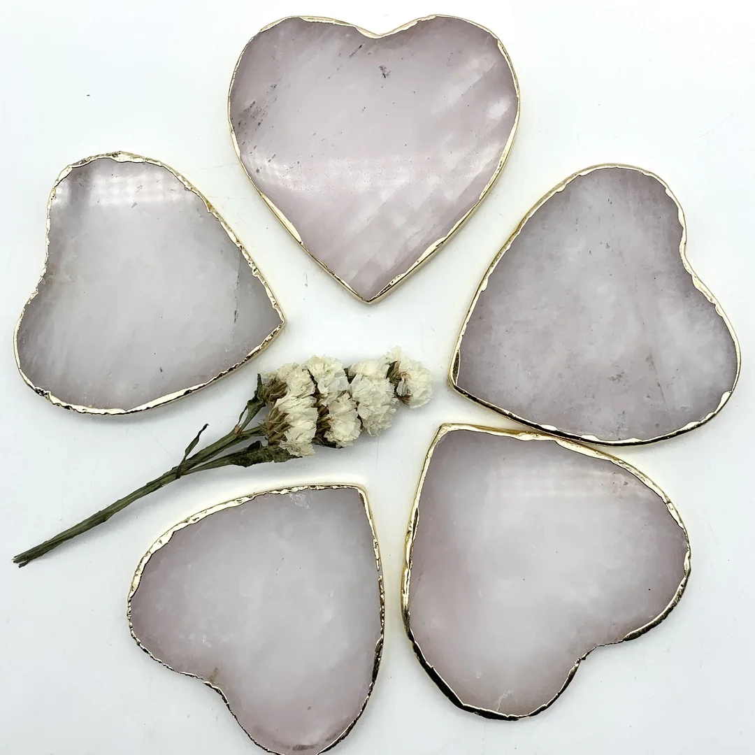 

Natural Pink Coaster Crystal Heart Electroplate Aura Polished Stone Home Decors Ornament Natural Healing Crystals