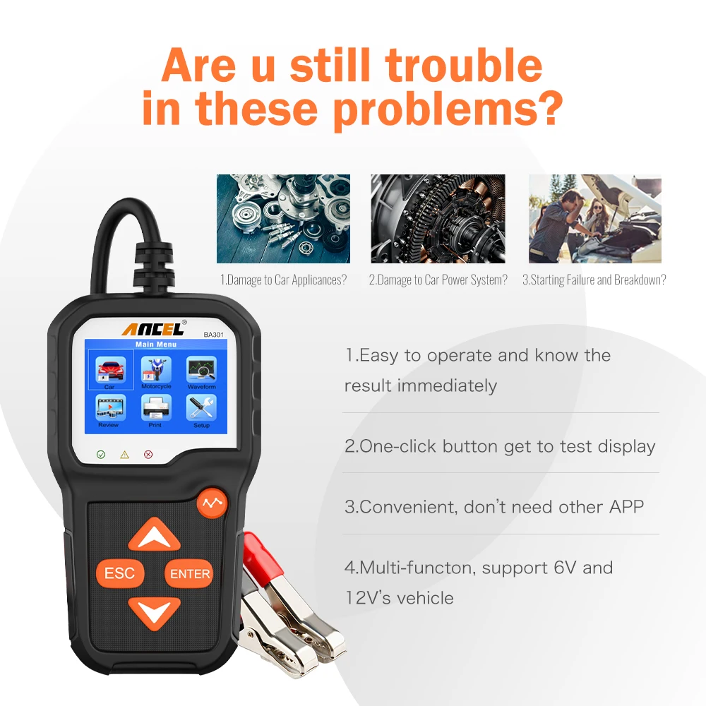 ANCEL BA301 инструмент для измерения аккумулятора мотоцикла тестер 12 вольт