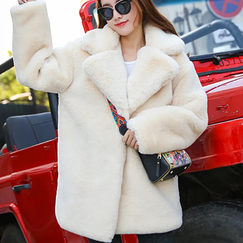 

Winter Women High Quality Faux Rabbit Fur Coat Luxury Fur Coat Loose Lapel OverCoat Thick Warm Plus Size Female Plush Coats