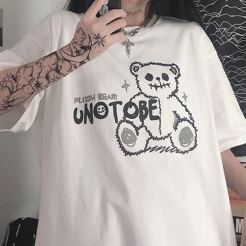 

Aolamegs Oversized T-shirt Horror Bear Print Men's T-Shirts Hip Hop High Street Tee Shirt For Men Summer Couple Loose Streetwear