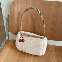 elegant womens plush underarm bags cherry pendant design ladies small shoulder bag faux fur female furry clutch purse handbags
